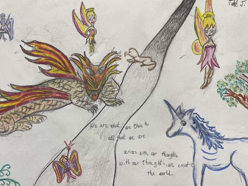 A painting with angels, a dragon and unicorn, and text "We are ... "